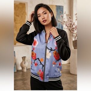 Alice Blue Women's Bomber Jacket - Black and Purple with Floral Design